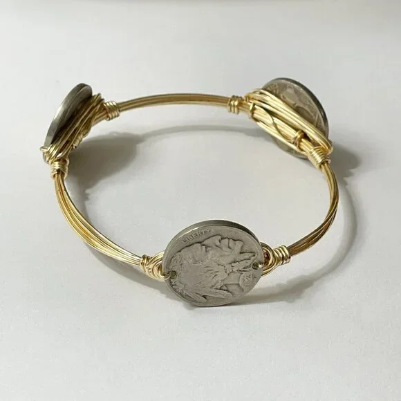 Vintage Indian Head Buffalo Three Nickels Currency Gold Wire Bangle Bracelet - Picture 2 of 6